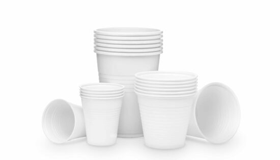 Disposable plastic cups of different sizes on white backdrop. Clipping path included. DSRL studio photo taken with Canon EOS 5D Mk II and EF 100mm f/2.8L Macro IS USM